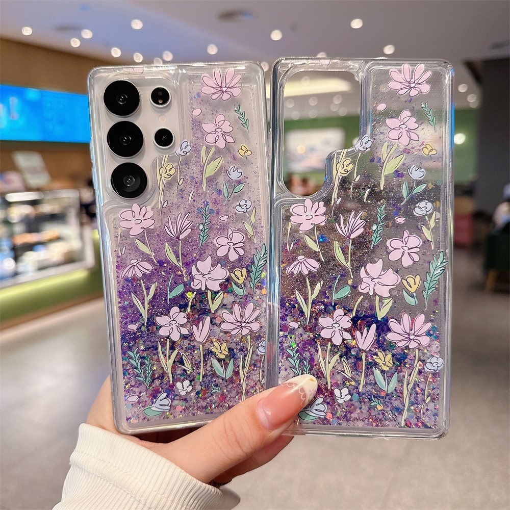 สําหรับ Samsung S25 Ultra S24 Plus S23 S22 หญ้าดอกไม้ลวดลาย Luminous Glitter Quicksand Bling Glow In