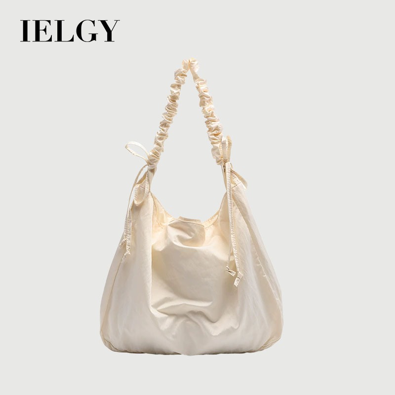 IELGY เวอร์ชั่นเกาหลีที่เรียบง่ายขนาดใหญ่-ความจุกระเป๋าสะพาย เชือกรูด สีทึบผ้าไนลอน ยุ่งเหยิง