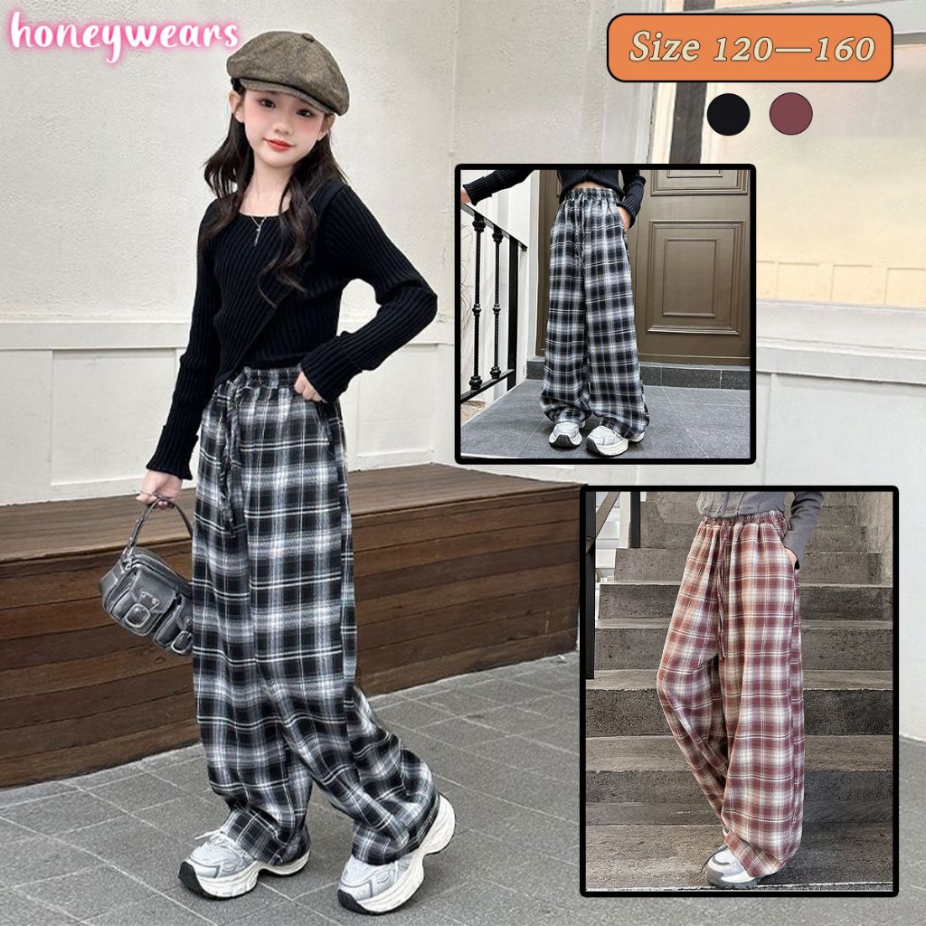 honeywears⚡️พร้อมส่ง⚡️กางเกงขายาวเด็กผู้หญิง ลายสก๊อต ขากว้างลำลอง แฟชั่นฤดูร้อน ไซส์ 120-160