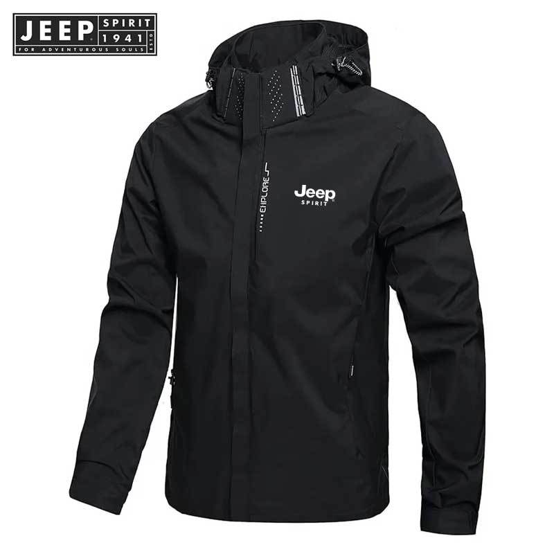 JEEP SPIRIT 1941 ESTD เสื้อแจ็คเก็ตกันฝนกันน้ําผู้ชายน้ําหนักเบาด้านนอกคลุมด้วยผ