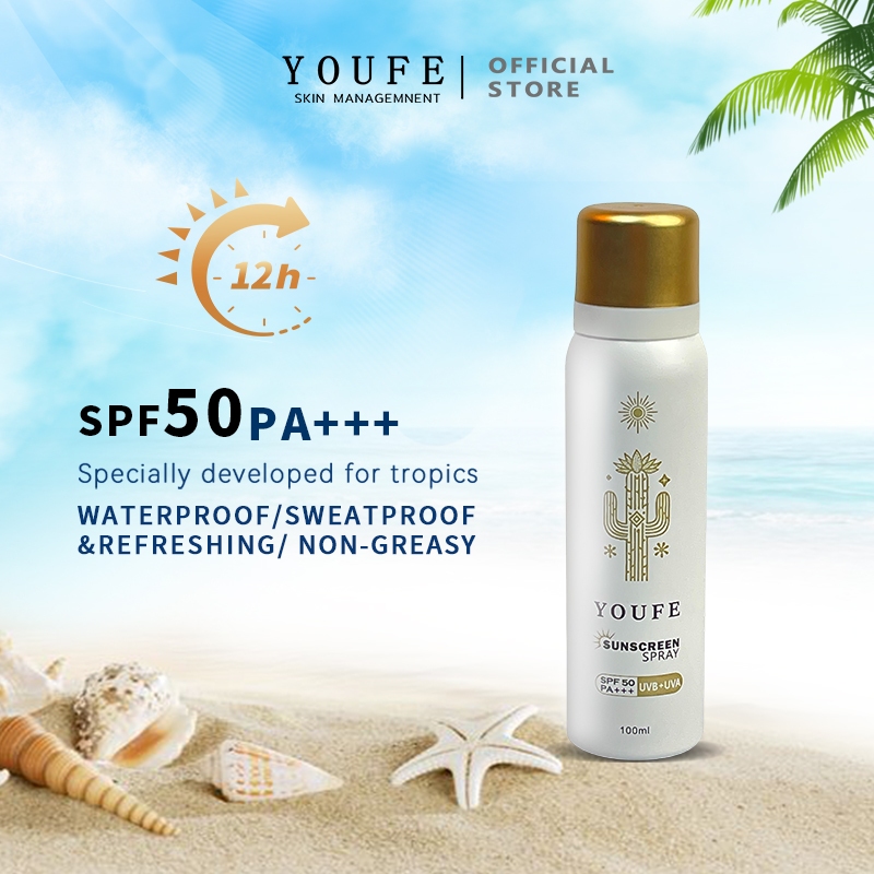 YOUFE สเปรย์กันแดด สาระสําคัญจากพืช SPF50 +PA + + ++【100ML】 Sunscreen Spray กันแดดกันน้ำกันเหงื่อ พกพาสะดวก สามารถป้องกันแสงแดดได้12ชม