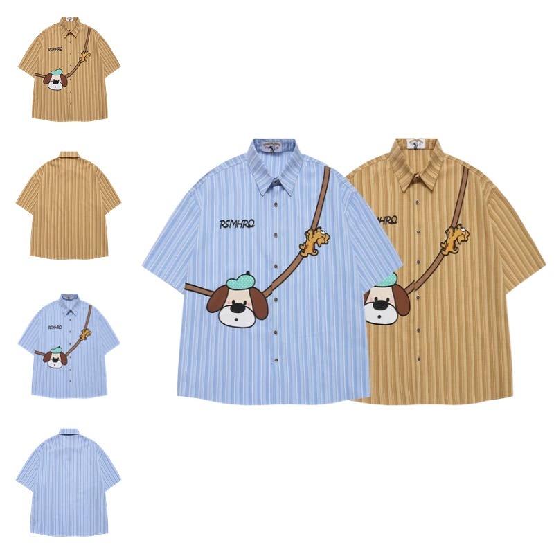 EHeach  เสื้อยืดผู้ชาย ผู้ชายหลวมขี้เกียจเสื้อลูกสุนัขญี่ปุ่นปักลายแนวตั้ง