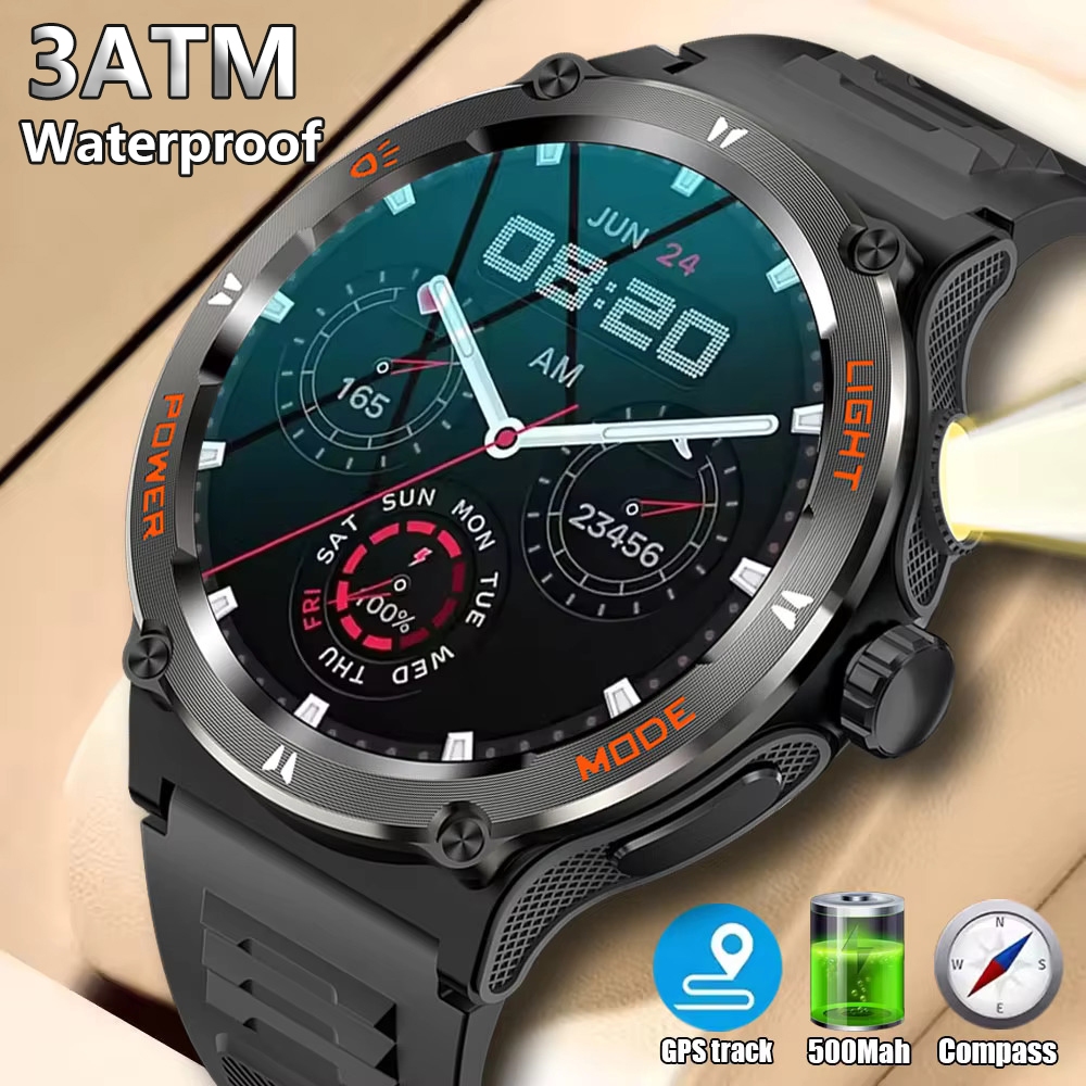 2025 ใหม่ทหาร Smartwatch ผู้ชาย 3ATM เข็มทิศบลูทูธโทรกีฬากลางแจ้งฟิตเนส Track 500Mah ไฟ LED Smartwat