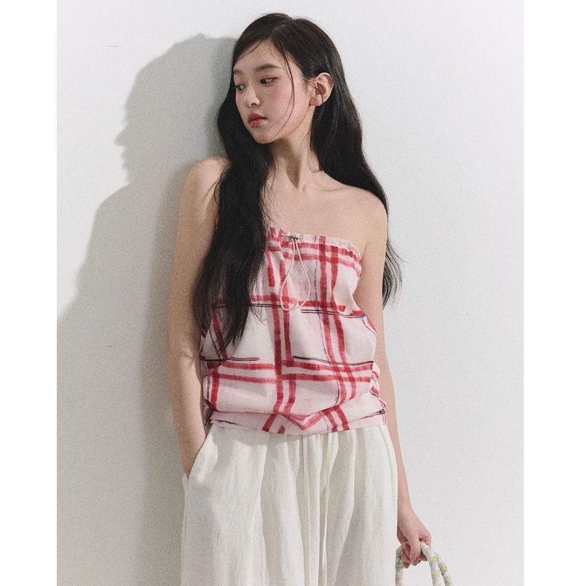 NZN Retro Hand-Painted พิมพ์ลายสก๊อตสีแดง Tube Top