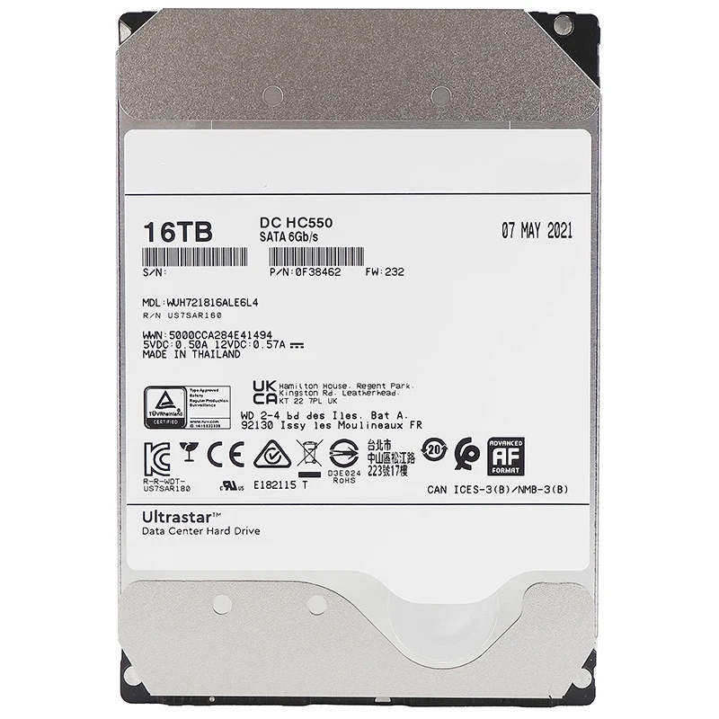 WD DC HC550 3.5 นิ้ว 16TB Enterprise Hard disk SATA III 6 กิกะไบต์/วินาที 512MB แคช 7200rpm HDD NAS 