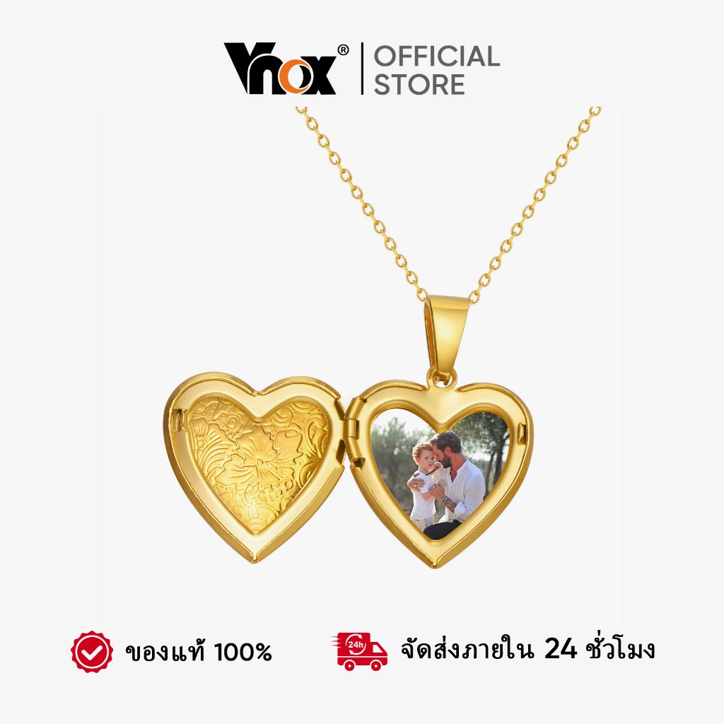 VNOX วีน็อกซ์ ปรับแต่งหัวใจเปิดกล่องรูปถ่ายจี้สร้อยคอสําหรับผู้หญิงผู้ชายคู่,18เค ทองสแตนเลสแกะสลักสร้อยคอไม่ซีดจาง,เครื