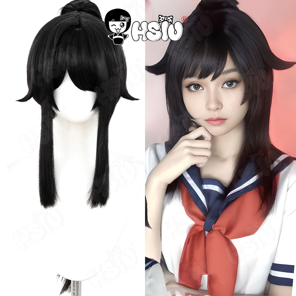Ayano Aishi Cospaly วิกผม HSIU 60 ซม.ผมยาวสีดําวิกผมสังเคราะห์ทนความร้อน + หมวกวิกผมเกม yandere จําล