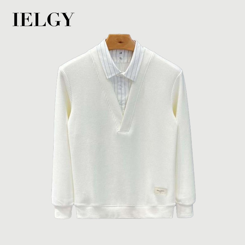IELGY ฤดูใบไม้ร่วงและฤดูหนาวเสื้อกันหนาวแฟชั่นผู้ชายปลอมสองชิ้นใหม่เสื้อคอปกเย็บฐานด้านบนผู้ชาย