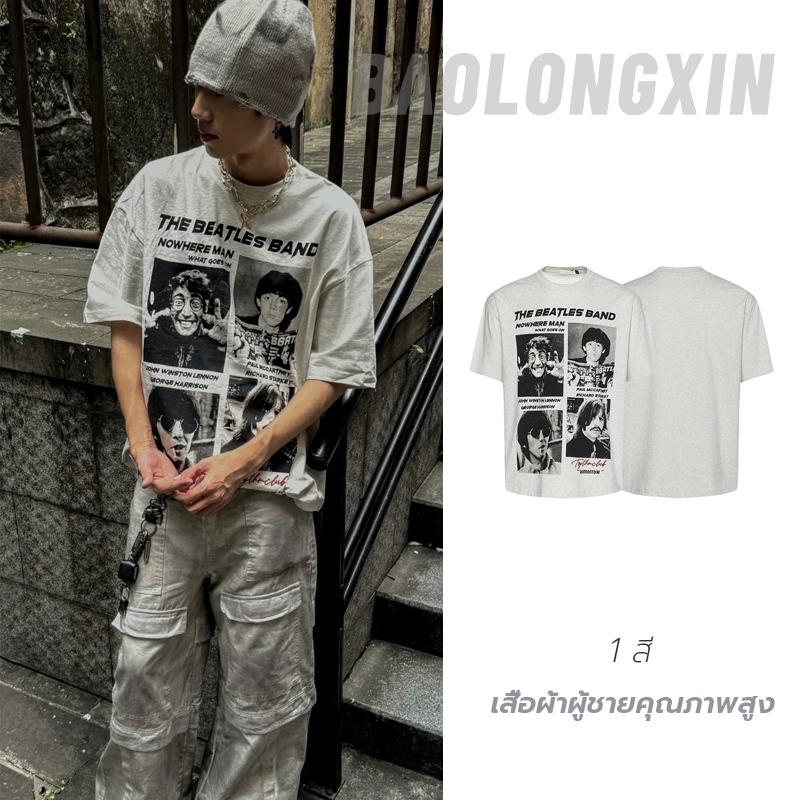 Baolongxin แบรนด์แฟชั่นอเมริกัน Retro Portrait พิมพ์เสื้อยืดแขนสั้น Niche ฤดูร้อนหลวมเสื้อลําลอง