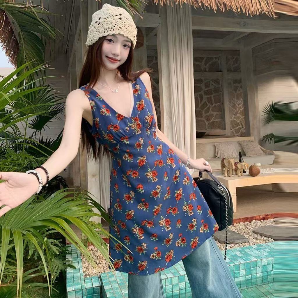 สไตล์เกาหลีผู้หญิงฤดูร้อนแขนกุดคอวีดอกไม้ชุดยาวพร้อมสต็อกใหม่