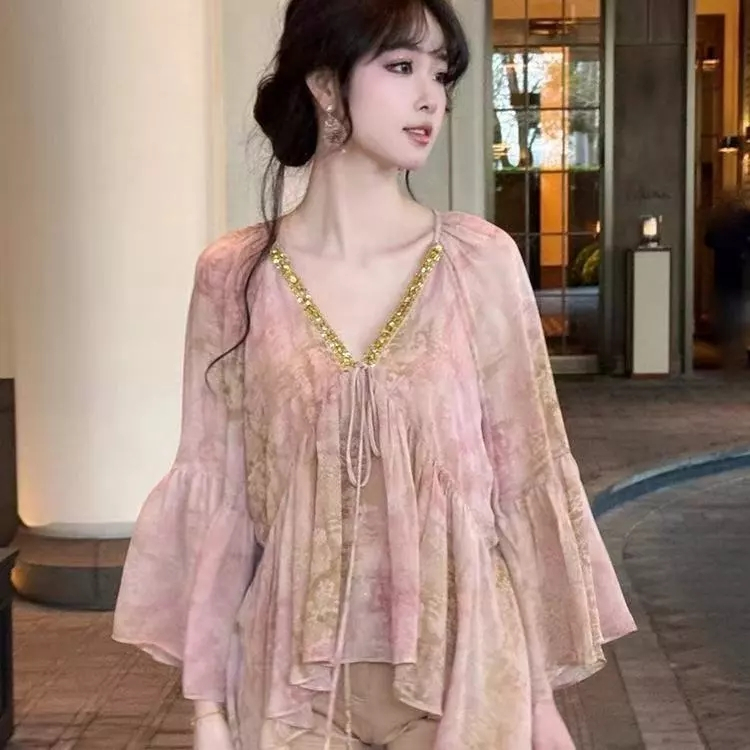 เกาหลีผู้หญิงแฟชั่นย้อนยุคหลวมแขนยาวโวลต์เสื้อคอปก – โปรปัง