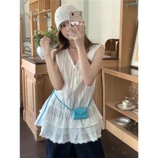 เสื้อกั๊กลูกไม้สีขาวสไตล์เกาหลีผู้หญิงหลวมด้านบน