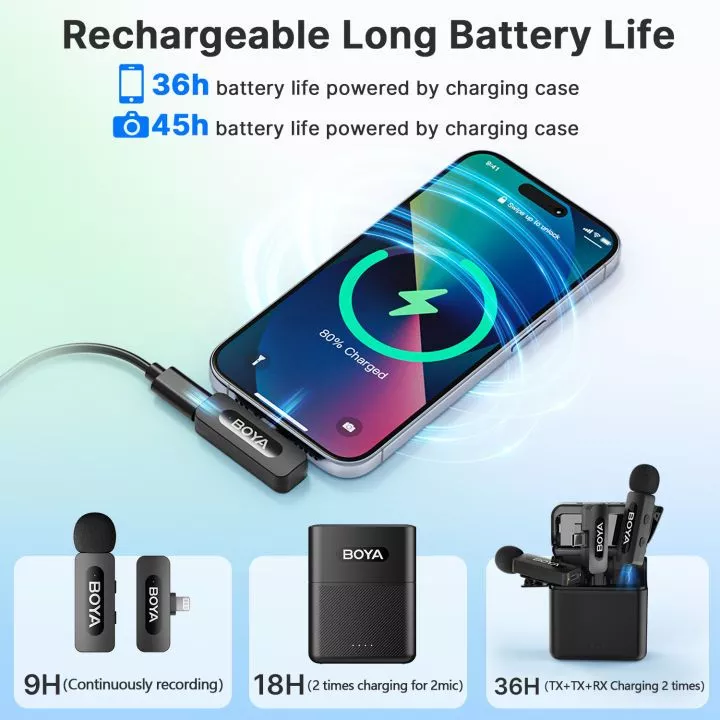 BOYA BY-V3 Combo ไมค์ไร้สาย ไมค์ตัดเสียงรบกวน ไมค์ไลฟ์สด พร้อมกล่องชาร์จ สำหรับ สมาร์ทโฟน USB-C thumbnail 6