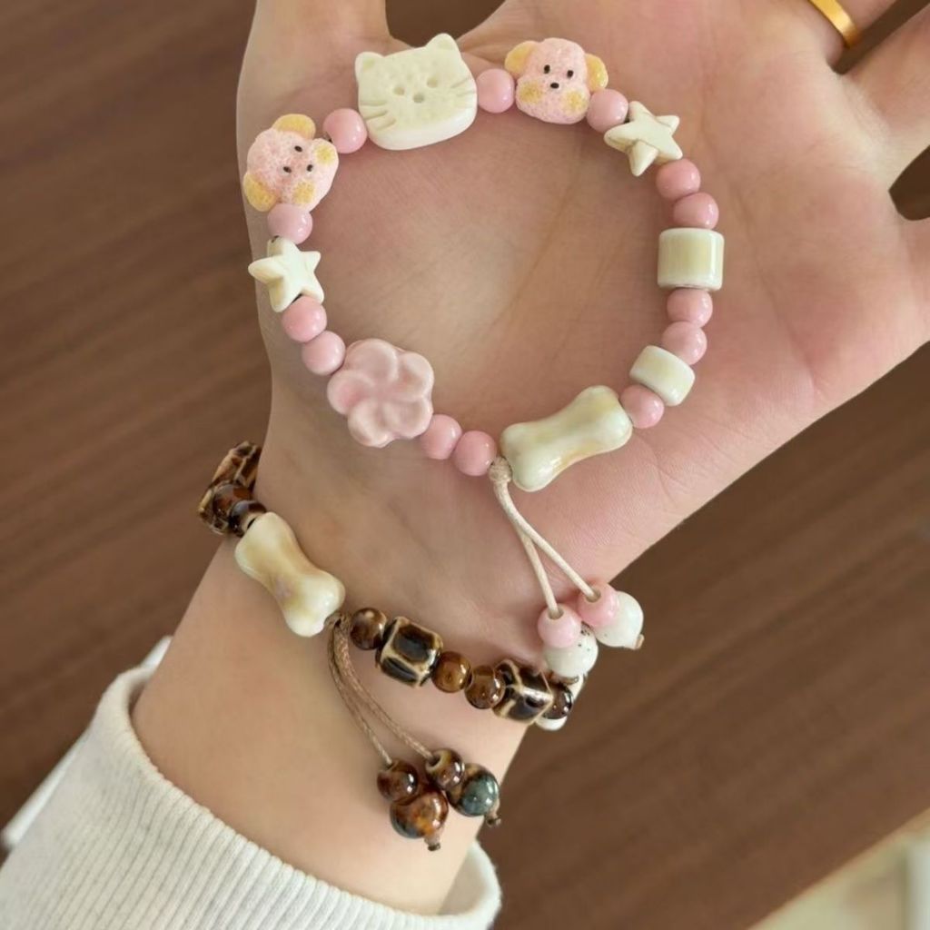 สร้อยข้อมือลูกปัดโบราณ เซรามิกแมวน่ารัก ลูกสุนัขน่ารัก ดีไซน์ถักมือ