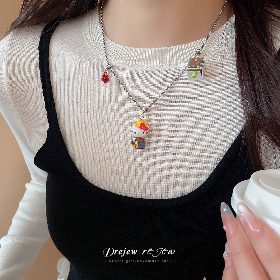 เดรช การ์ตูนน่ารักแมวดอกไม้จี้สร้อยคอทุกวันอเนกประสงค์กระดูกไหปลาร้าโซ่หวานขนาดเล็กสดสร้อยคอสร้อยคอตกแต่ง