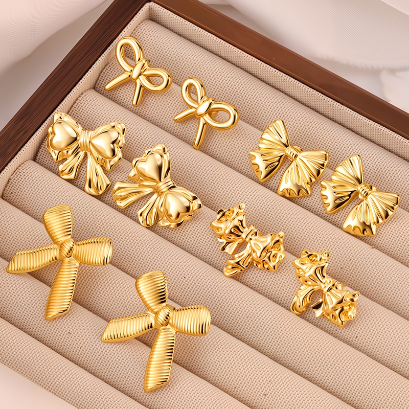 โบว์เกาหลี Jewellery สแตนเลส Hypoallergenic กันน้ําเหงื่อทนต่างหูสตั๊ดผู้หญิง