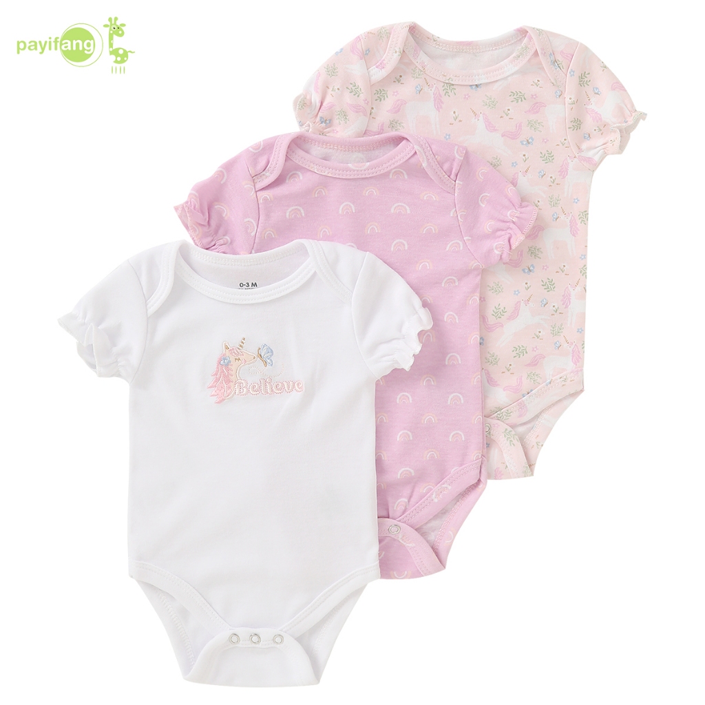 PAYI BABY-3 ชิ้น ยูนิคอร์น และรุ้ง เด็กทารกผ้าฝ้ายนุ่ม ทารกแรกเกิด แขนสั้นบอดี้สูท
