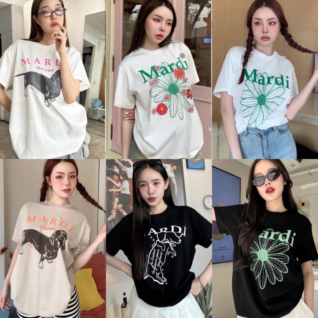 เกาหลี Mardi Mercredi เสื้อยืดคอกลมแขนสั้นพิมพ์ลายสุนัขยอดนิยมและน่ารัก Oversize เสื้อหลวมสําหรับผู้ชายและผู้หญิง Street สวมใส่สําหรับสาว Hottrend 2025
