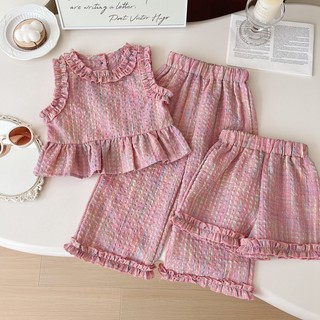 ฤดูร้อนใหม่สไตล์เกาหลีเด็กสาวชุดสองชิ้น,สีชมพูแขนกุดด้านบน + กางเกงเสื้อผ้าเด็ก (9 เดือน -4 ปี)