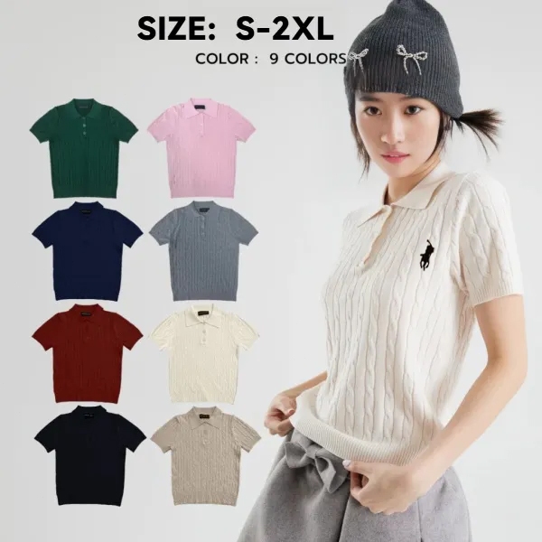 【100% ผ้าถัก】เสื้อกีฬา เสื้อทํางาน เสื้อ baby tee polo ไหล่โปโลสีพื้นปักหลวมยืด ใส่สบาย