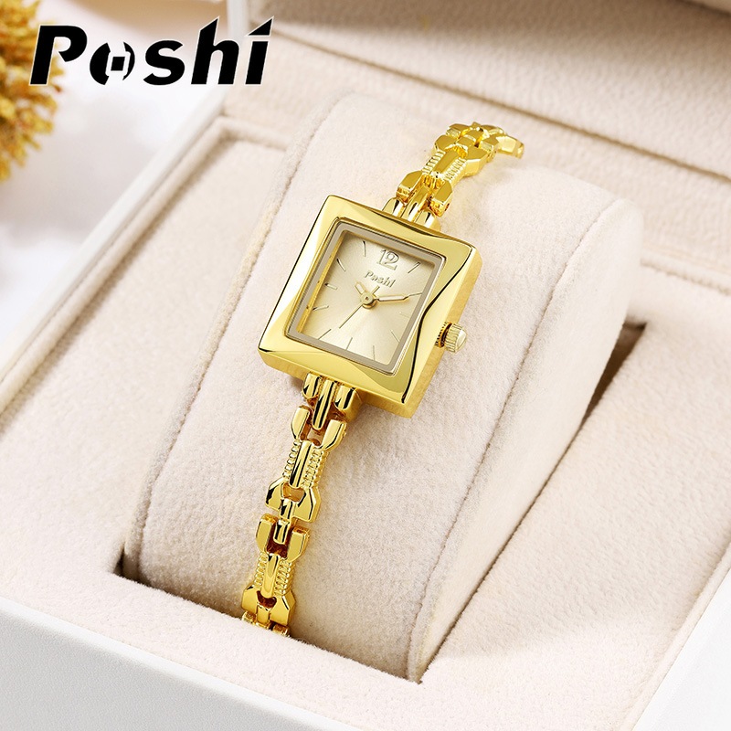 POSHI นาฬิกาสี่เหลี่ยมสีทองสําหรับผู้หญิงนาฬิกาข้อมือเรืองแสงสแตนเลสสไตล์เกาหลีกันน้ํา