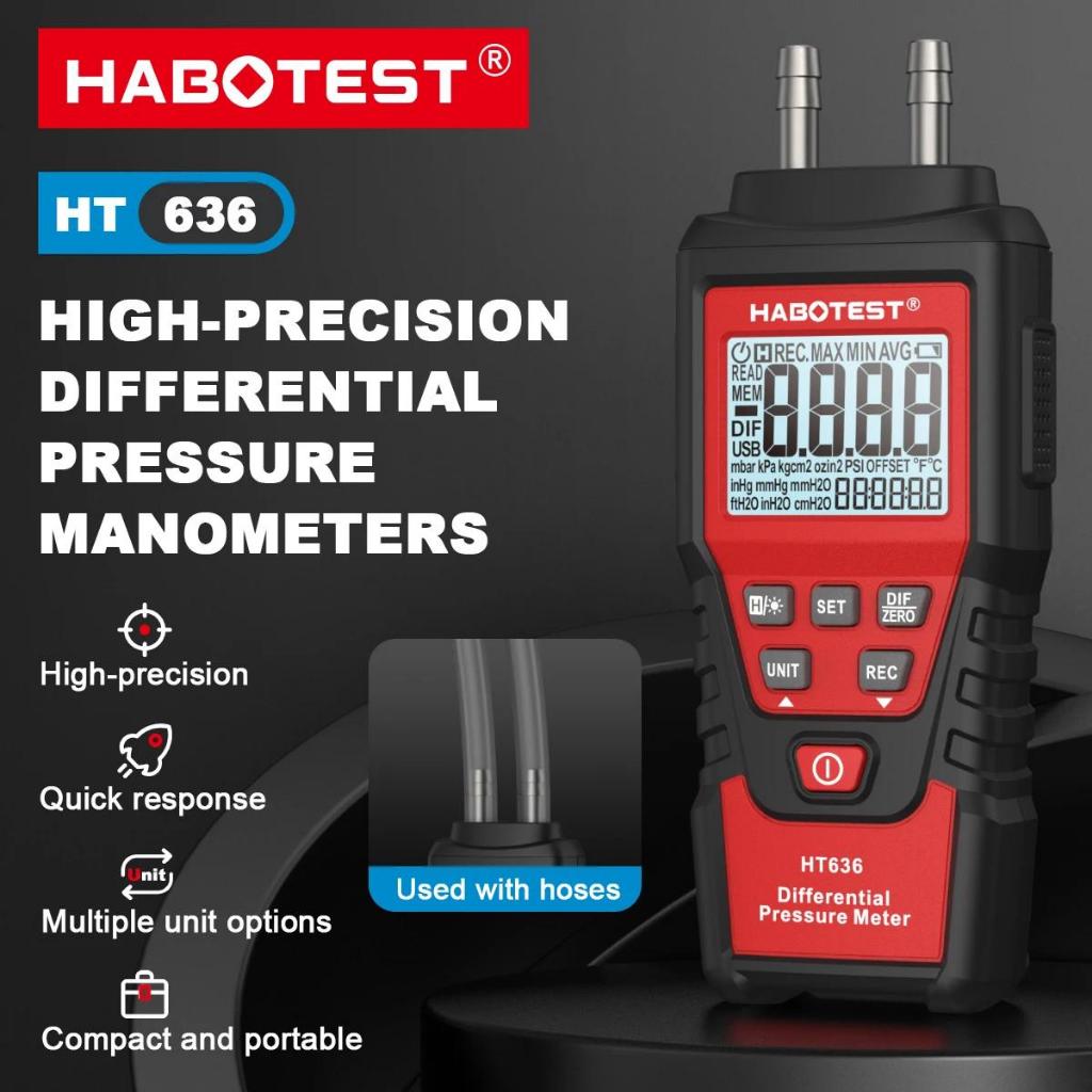 HABOTEST HT636 เครื่องวัดความดันแบบดิจิตอล Manometer เครื่องวัดความดันอากาศ Differential เครื่องวัดความดัน Kit ตรวจจับเมตร