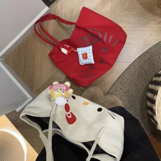 Hello Kitty กระเป๋าผ้าใบความจุขนาดใหญ่กระเป๋าสะพายข้างเดียวที่ทันสมัยและน่ารักสําหรับผู้หญิง