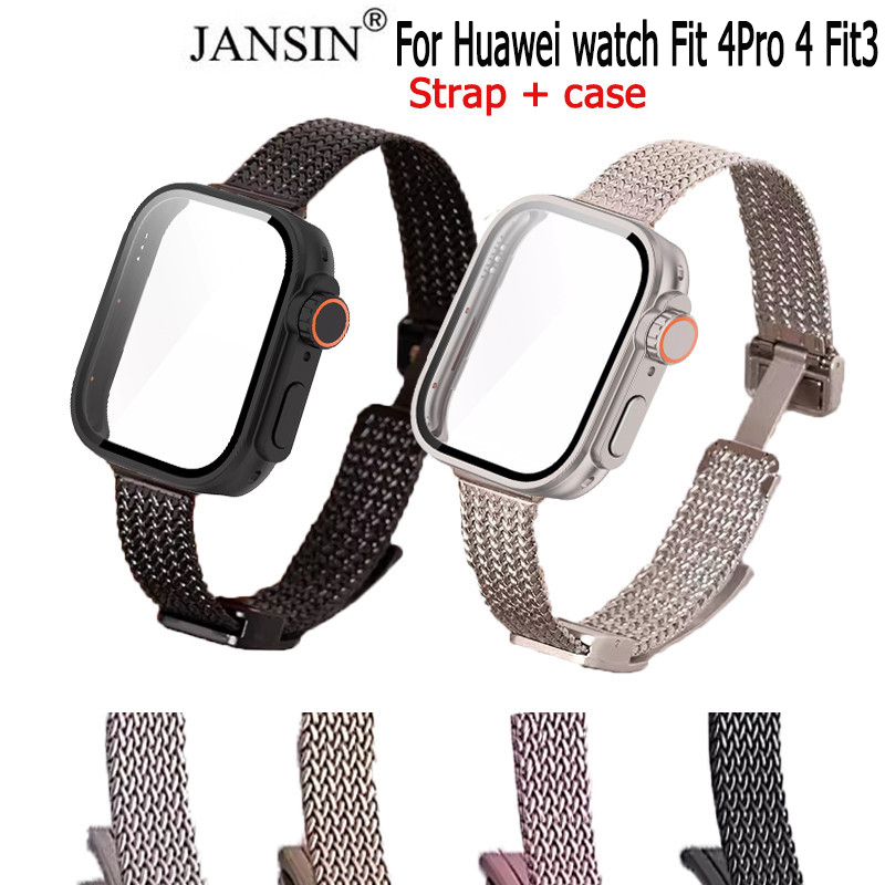 กรณี + สายรัดสร ้ อยข ้ อมือสแตนเลส สําหรับ huawei watch Fit 5 5 Pro fit 3 ข ้ าวสาลีหูโลหะสายแม ่ เหล ็ ก huawei watch Fit3