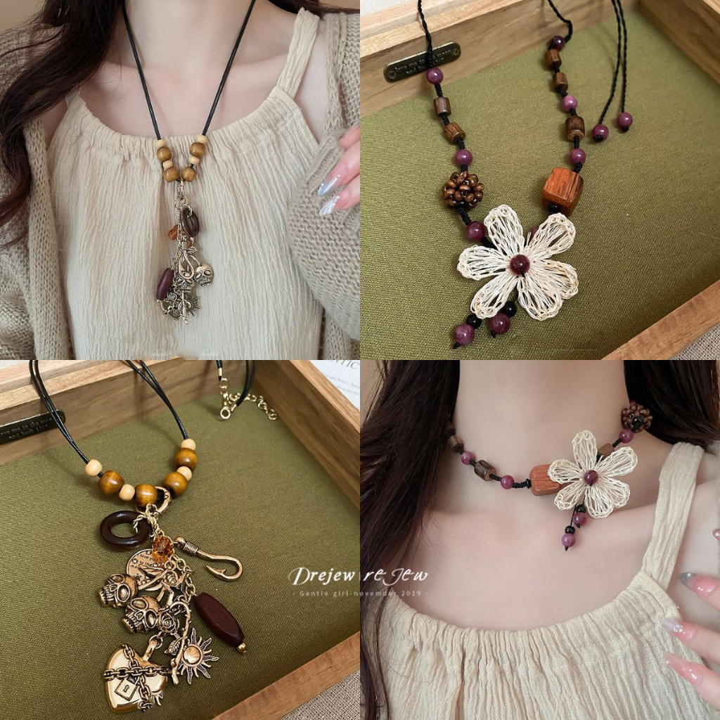 DREW ดอกไม้ลูกปัดข้าว Lafite สร้อยคอใหม่สไตล์จีนโบราณ Collarbone Chain Retro Niche หลากหลายโซ่เสื้อกันหนาว
