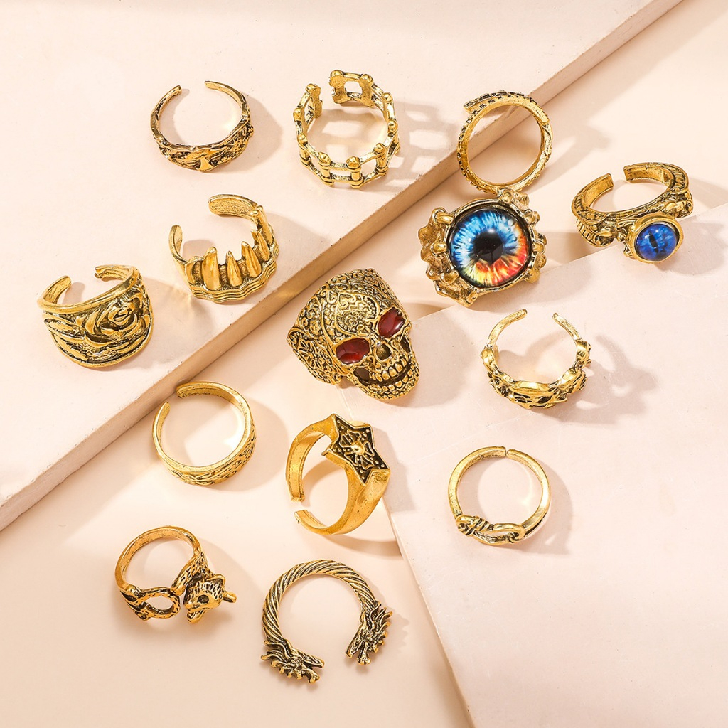 14 ชิ้น/เซ็ตแหวนผู้หญิงเงิน/ทอง/สีดํา Skull สัตว์ Claws Punk สไตล์ Biker แฟชั่นเครื่องประดับนิ้วมือ 14 ใน 1 ขนาดเล็ก