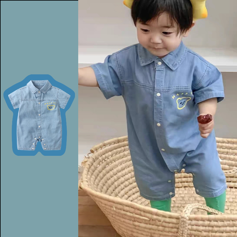 ชุดรอมเปอร์ทารกแรกเกิดชุดจั๊มสูทยีนส์เด็กผู้ชาย,แฟชั่นเด็กทารกเกาหลีน่ารักฤดูร้อนเสื้อผ้ายีนส์แขนสั้น