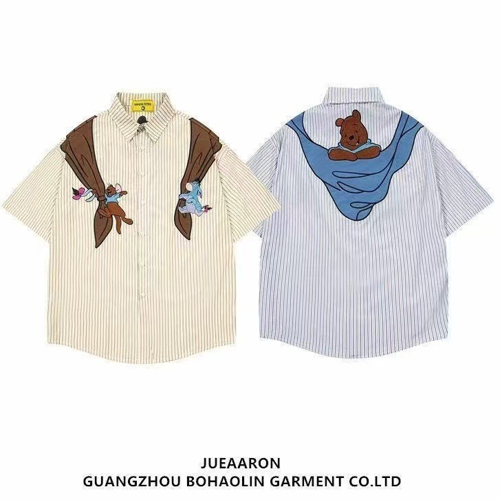 EERSHENSHIE เสื้อเชิ้ตแขนสั้นพิมพ์ลายการ์ตูนหมีวินเทจฤดูร้อน Retro สนุกทรงหลวม