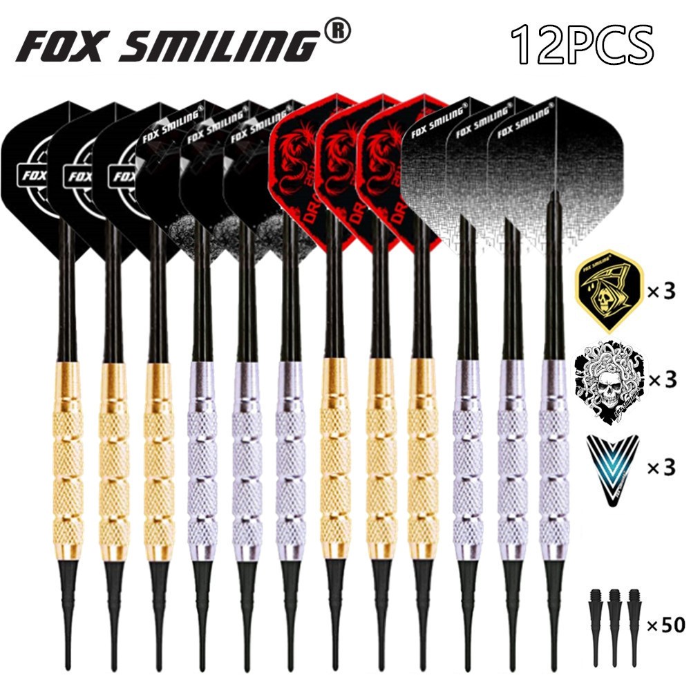 Fox ยิ้ม 12PCS 18g Dart Pin อิเล็กทรอนิกส์ Soft Tip ลูกดอกอลูมิเนียมไนลอน Dart Shaft 9PCS เที่ยวบิน, 60PCS ยาง O แหวน, 50PCS เคล็ดลับนุ่ม