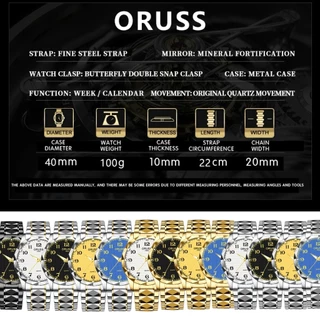 ORUSS รัส ต้นฉบับชายหรูหราสแตนเลสส่องสว่างกันน้ําปฏิทินคู่นาฬิกาเงินแฟชั่นเกาหลีรุ่นควอตซ์นาฬิกาข้อมือ