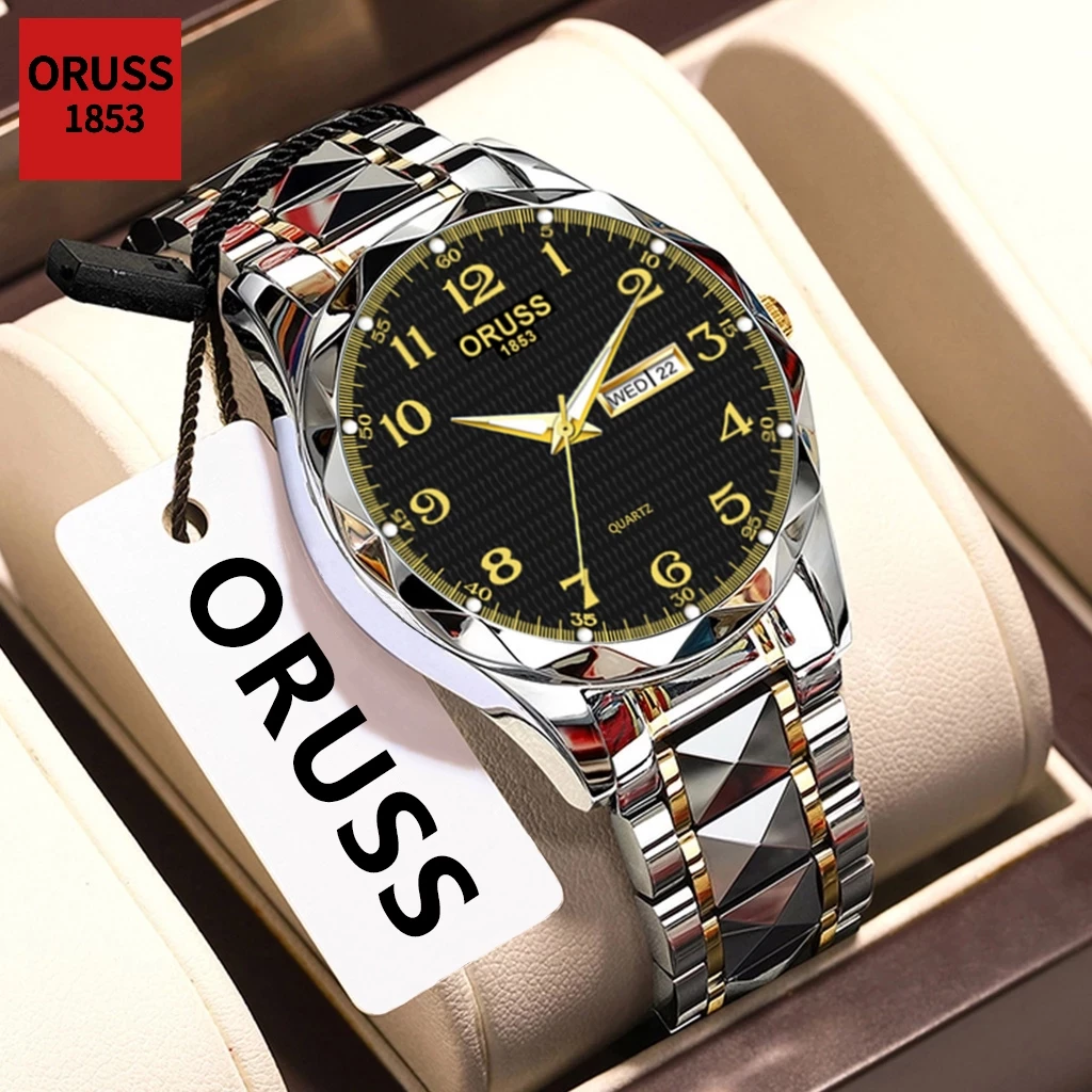 ORUSS รัส ต้นฉบับชายหรูหราสแตนเลสส่องสว่างกันน้ําปฏิทินคู่นาฬิกาเงินแฟชั่นเกาหลีรุ่นควอตซ์นาฬิกาข้อมือ