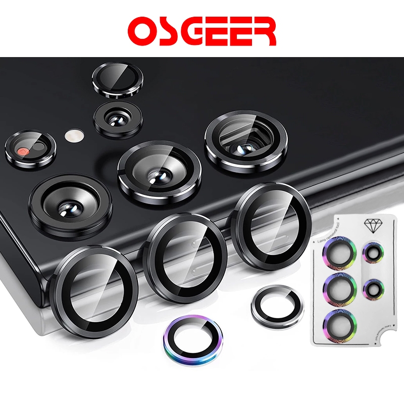 [OSGEER]Samsungตัวป้องกันเลนส์กล้องสําหรับ Galaxy S24 Ultra S25 Ultra S23 Ultra 5G ,9H กระจกนิรภัยฝาครอบกล้องป้องกันหน้าจอโลหะแหวนเดี่ยว [ติดตั้งถาด]