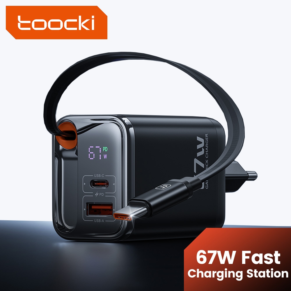 Toocki 67W GaN Charger Retractable Type C สาย 3 ใน 1 Digital Dsiplay Fast Charger USB C Charger stat