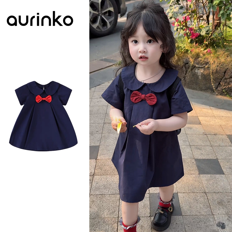 [Aurinko]ชุดสาวสไตล์เกาหลีสีน้ำเงินลายสก๊อตลูกไม้คอเด็กชุดฤดูร้อน 1-6 ปี