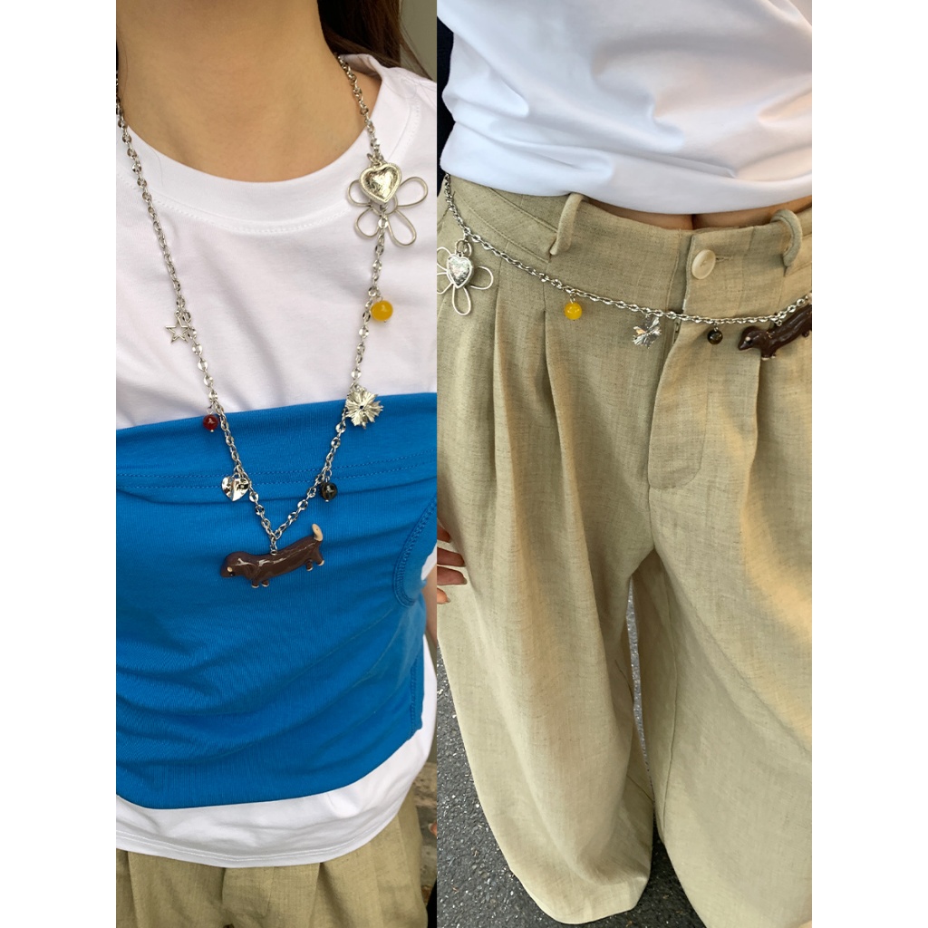 Original Design ดอกไม้ Dachshund ลูกสุนัขเอวหญิง Niche High-End สร้อยคอยาวกระโปรงกางเกงเข็มขัด