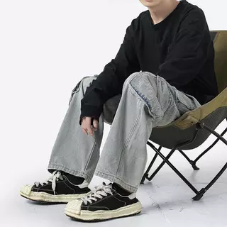 Breeze Jeans กางเกงยีนส์คาร์โก้ผู้ชาย denim สีฟ้า ประดับหลายกระเป๋า high street ทรงตรงล้างน้ำ บุคลิกภาพ baggy jeans