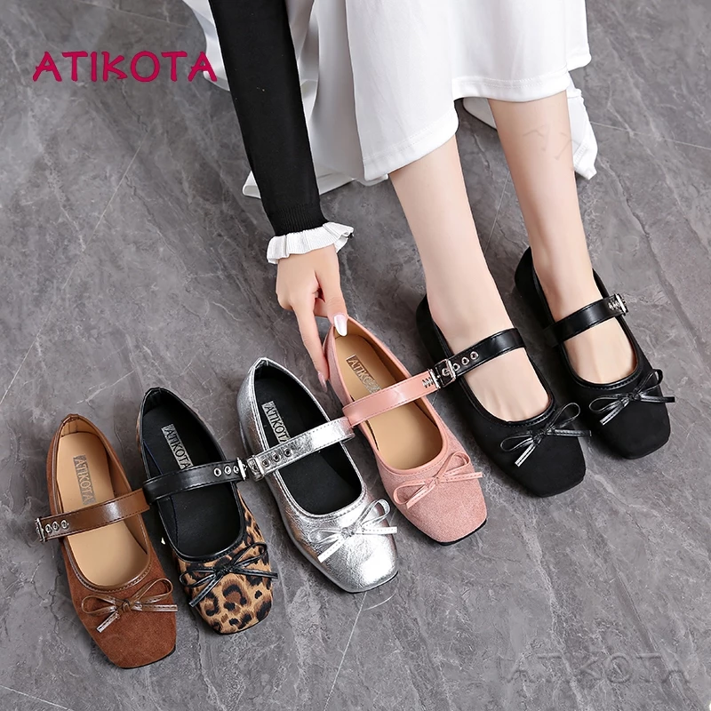 Atikota ติ๊ก ผู้หญิงรองเท้าแบนย้อนยุคสันทนาการโบว์ออกแบบอเนกประสงค์ที่สวยหรูรองเท้าเดียวสําหรับสุภาพสตรี