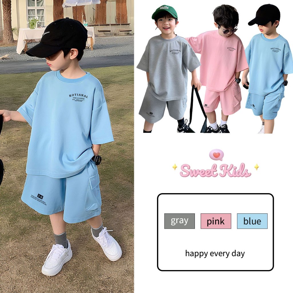 SweetKids พร้อมส่งจากกทม🌸ชุดฤดูร้อนสำหรับเด็กอายุ🍓แฟชั่นฤดูร้อน ชุดเด็กชาย สองชิ้น สําหรับเด็ก เสื้อพร้อมกางเกงครบชุด ชุดเชตเสื้อ กางเกง ชุดกีฬาสำหรับเด็ก