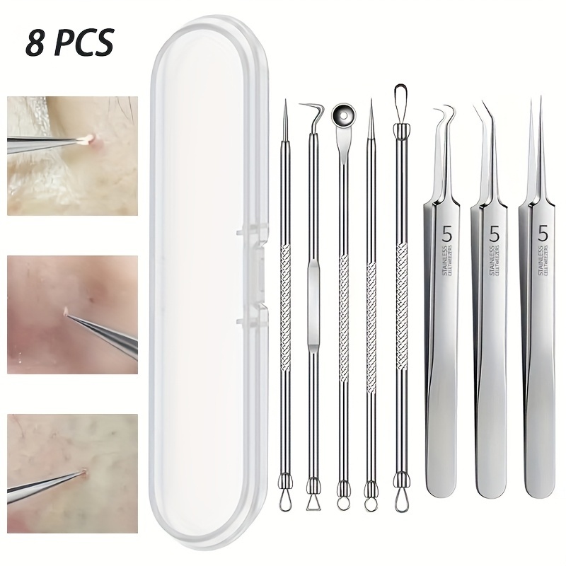ชุดกําจัดสิวหัวดําสแตนเลส 4//8 ชิ้น – ชุด Pimple Popper ระดับมืออาชีพสําหรับทุกสภาพผิวพร้อมเคสแบบพกพา – การละลายการดูแลผิวหน้าแบบไม่มีกลิ่น