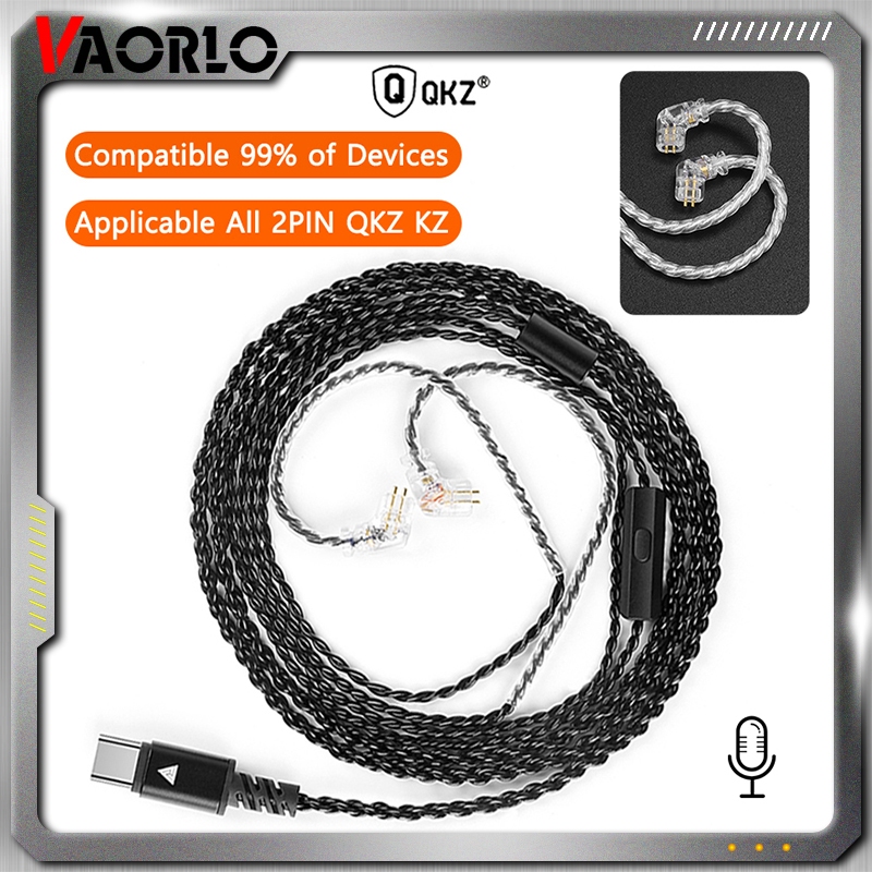 ใหม่ QKZ Type-C ถึง 2PIN Four-Strand Silver-Plated หูฟังอัพเกรดสาย Hifi พร้อมไมโครโฟนหูฟังชนิดใส่ในห