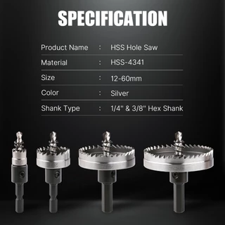 Versery 12-60 มม.HSS-4341 Hole Saw พร้อม Hex Shank เหล็กความเร็วสูงเจาะชุด Bit สําหรับโลหะบางสแตนเลสพลาสติก PVC