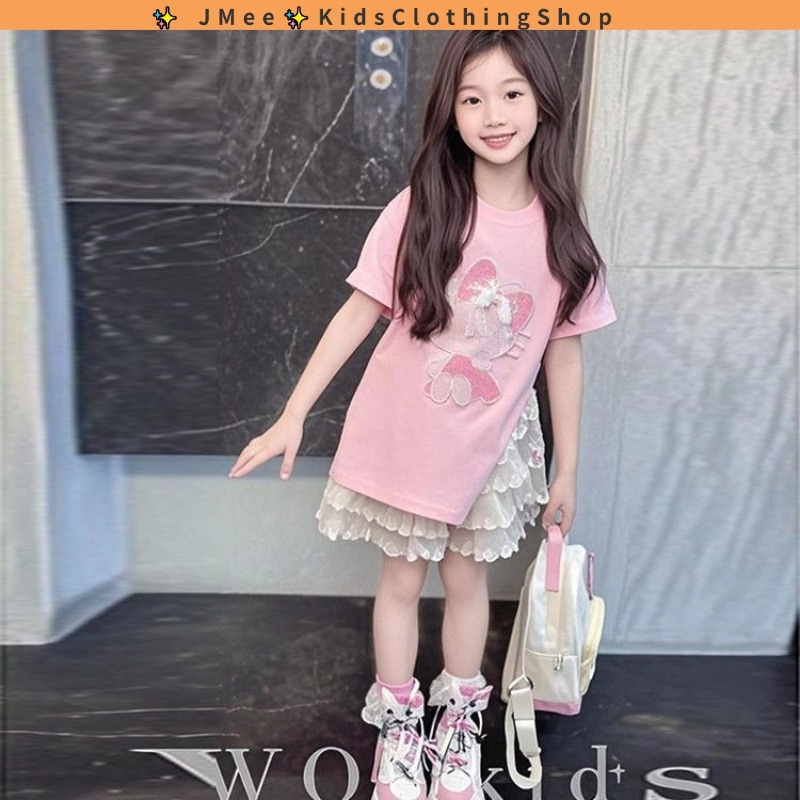 [อ่าน คลังสินค้า] 3-14 ปีเสื้อยืดเด็กผู้หญิงแฟชั่นฤดูร้อนเด็กการ์ตูนแขนสั้นสไตล์ตะวันตกอเนกประสงค์แยกลูกไม้เสื้อยืดลําลองด้านบน