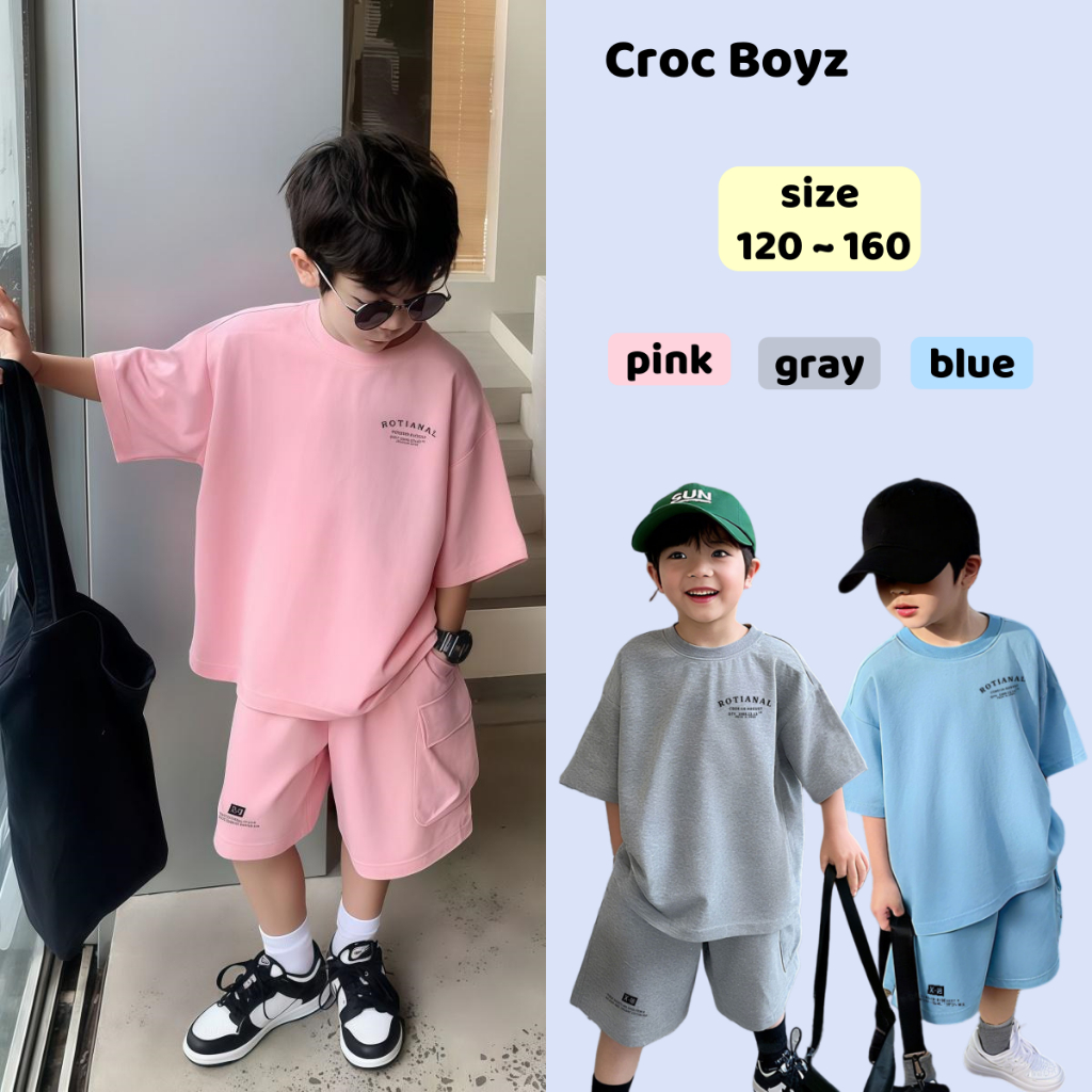 Croc Boyz พร้อมส่ง ชุดแขนสั้นเด็กชายฤดูร้อน เสื้อผ้าหลวมกางเกงขาสั้น สองชิ้น สไตล์เกาหลี ลำลอง ไซส์ 120-160