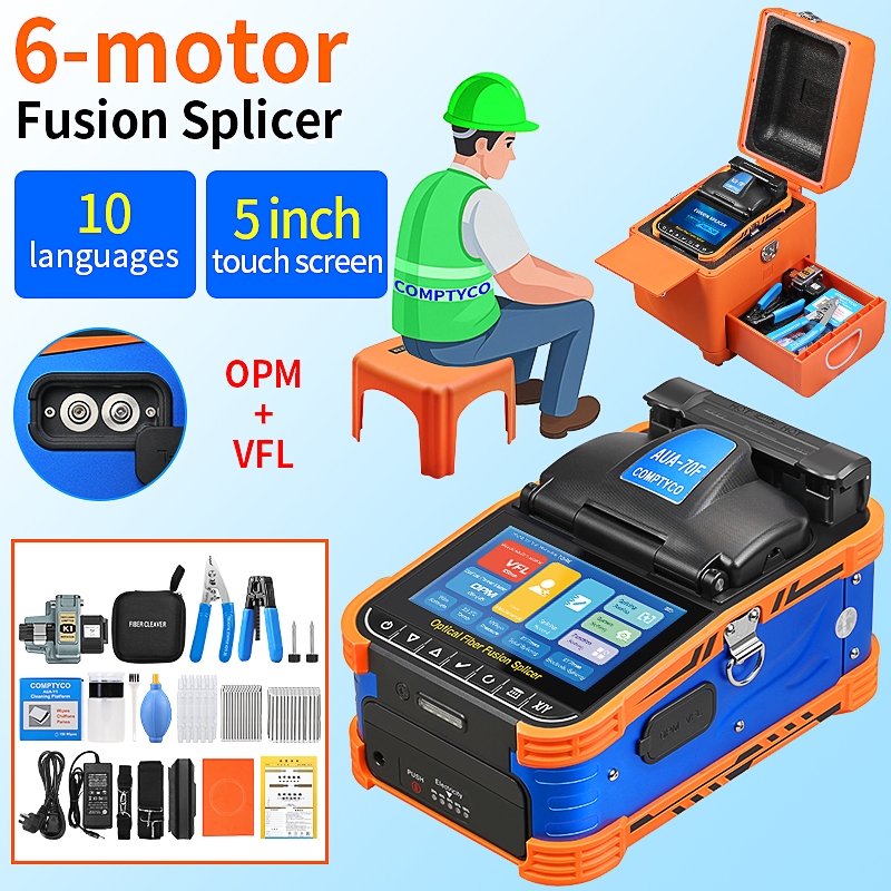 COMPTYCO AUA-70F Fusion Splicer สีน้ำเงิน 6 มอเตอร์หน้าจอสัมผัสรุ่นไฟเบอร์ฟิวชั่นต่อเชือกการกำหนดค่า OPM + VFL 300 Cali ไฟเบอร์ขยายกันน้ำออกแบบสายเคเบิลฟิวชั่นต่อเชือก