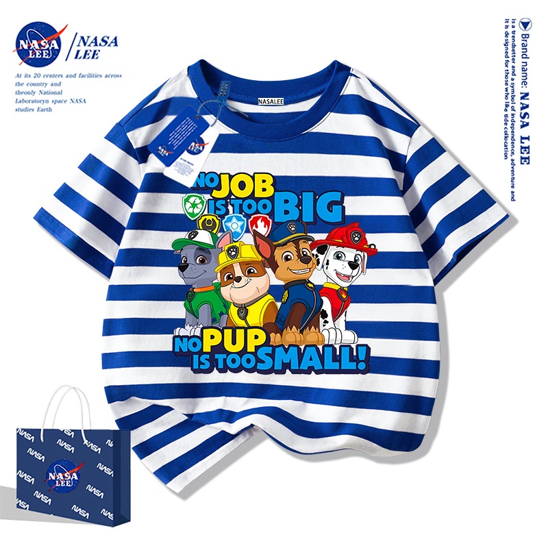 【มีสินค้าในสต็อก】 เสื้อยืดเด็ก NASA ลายเส้นสีน้ำเงิน-ขาว เนื้อผ้าฝ้าย 100% แขนสั้น ทรงหลวม นุ่มสบายผิว สำหรับทั้งเด็กชายและเด็กหญิง