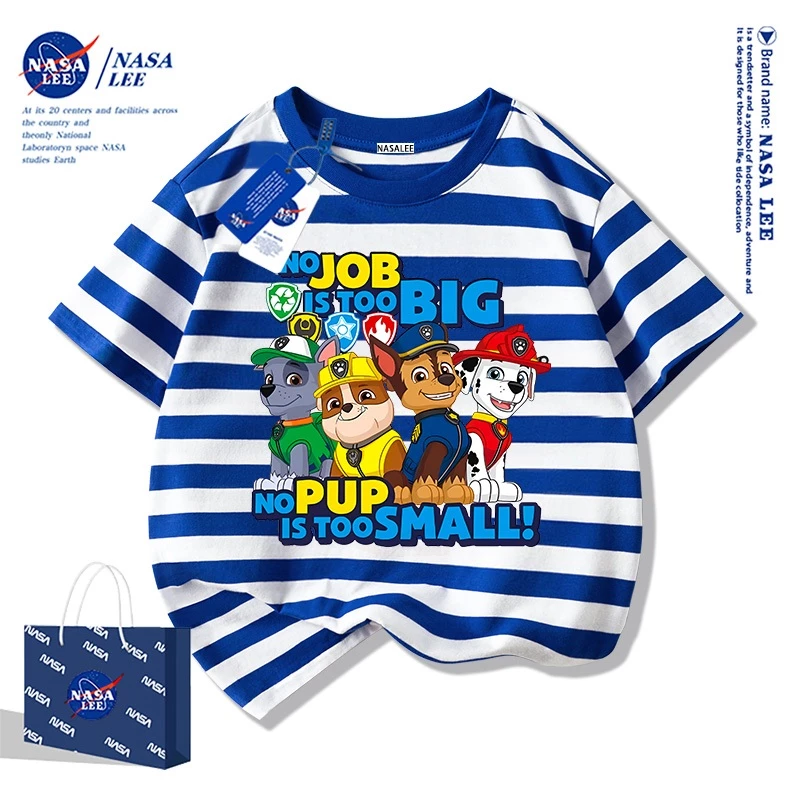 【มีสินค้าในสต็อก】 เสื้อยืดเด็ก NASA ลายเส้นสีน้ำเงิน-ขาว เนื้อผ้าฝ้าย 100% แขนสั้น ทรงหลวม นุ่มสบายผิว สำหรับทั้งเด็กชายและเด็กหญิง